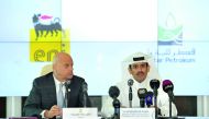 H E Saad bin Sherida Al Kaabi, Minister of State for Energy Affairs, and President & CEO of Qatar Petroleum (QP); and Claudio Descalzi, CEO of ENI, addressing the media after signing the agreement at QP headquarters, in Doha yesterday. Pic: SALIM MATRAMKO