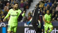 Barcelona's Argentinian forward Lionel Messi celebrates after scoring a goal during the Spanish League football match between Levante and Barcelona at the Ciutat de Valencia stadium in Valencia on December 16, 2018. / AFP / JOSE JORDAN 