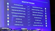 The screen showing the fixtures is displayed after the draw for the round of 16 of the UEFA Champions League football tournament at the UEFA headquarters in Nyon on December 17, 2018. / AFP / Fabrice COFFRINI