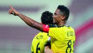 Qatar SC’s Samuel Eto’o celebrates after scoring a goal against Al Kharaitiyat yesterday