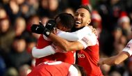 Arsenal's Alex Iwobi celebrates scoring their third goal with Pierre-Emerick Aubameyang and team mates Action Images via Reuters/John Sibley