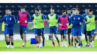 Qatari players take part in yesterday’s practice session.