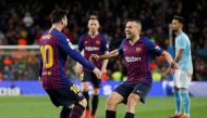  Barcelona's Lionel Messi celebrates scoring their second goal with Jordi Alba REUTERS/Albert Gea
