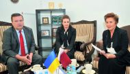 FROM LEFT: Yevhen Mykytenko, Ambassador of Ukraine to Qatar; Daria Revina, Vice-Chairperson of the Qatari-Ukrainian Business Forum (QUBF); and Dr Olga Revina, Founder and Chairperson, QUBF, during a meeting with members of QUBF, at the Embassy of Ukraine 