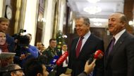 Minister of Foreign Affairs of Russia, Sergey Lavrov (2nd R) and Minister of Foreign Affairs of Turkey, Mevlut Cavusoglu (R) speak to press members after their meeting on Syria in Moscow, Russia on December 29, 2018. ( Sefa Karacan - Anadolu 