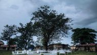 Hospital beds are stored outside ransacked tents by demonstrators by the Ebola transit centre in Beni, following a demonstration against the postponement of elections in the territory of the Beni and the city of Butembo on December 27, 2018. AFP / ALEXIS 