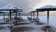 Beach umbrellas are covered with snow at the beach in the town of Artemida, Greece January 8, 2019. REUTERS/Vassilis Triandafyllou