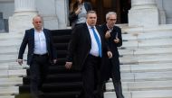 Greek Defense Minister and coalition partner Panos Kammenos leaves the Maximos Mansion after a meeting with Greek Prime Minister Alexis Tsipras in Athens on January 13, 2019. (AFP / ANGELOS )