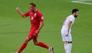 Kyrghyzstan's forward Vitalij Lux (L) celebrates after scoring a goal during the 2019 AFC Asian Cup group C match between Kyrgyzstan and Philippines at Maktoum Bin Rashid Al-Maktoum Stadium in Dubai on January 16, 2019. AFP