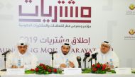 Abdulaziz Zaid Al Talib (left), Director of Government Procurement Department, Ministry of Finance; Ahmed Al Ansari (right), Director of Technical Office at Ashghal; and Mohammed Al Mansouri, Localisation Execution Manager at QDB, addressing a press confe
