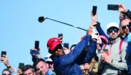 Tiger Woods plays a tee shot during the 42nd Ryder Cup at Le Golf National Course at Saint-Quentin-en-Yvelines, southwest of Paris, on September 30, 2018. AFP / Franck Fife