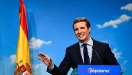 Spanish People's Party (PP) president Pablo Casado holds a press conference at the PP headquarters in Madrid on February 15, 2019.  AFP / Gabriel Bouys 