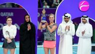 Qatar Total Open 2019 champion Belgium’s Elise Mertens poses with the trophy alongside H E Sheikha Hind bint Hamad Al Thani, Qatar Tennis Federation (QTF) President Nasser Al Khelaifi, QTF Executive Director Saad Al Mohannadi and runners-up Romania’s Simo