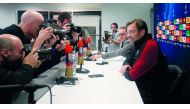 Liverpool's German manager Jurgen Klopp (R) attends a press conference on the eve of their Champions League round of 16, first leg football match against Bayern Munich at Anfield stadium in Liverpool, north west England on February 18, 2019. AFP / Lindsey