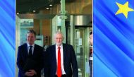 Britain's Labour Party leader Jeremy Corbyn and Labour Party's Shadow Secretary of State for Departing the European Union Keir Starmer leave a meeting with European Union Chief Brexit Negotiator Michel Barnier (not pictured) at the EU Commission headquart