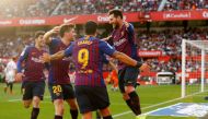 Barcelona's Lionel Messi celebrates scoring their third goal to complete his hat-trick REUTERS/Marcelo del Pozo