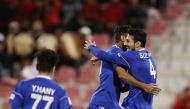 Al Shahania’s Rebin Ghareeb Solaka (right) celebrates with a team-mate after scoring against Al Rayyan during their QNB Stars League match played at the Al Arabi Stadium, yesterday.