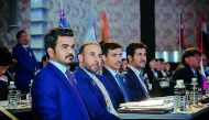 Qatar Olympic Committee (QOC) President H E Sheikh Joaan bin Hamad Al Thani, Dr Thani bin Abdulrahman Al Kuwari, Second Vice-President of the QOC and QOC Secretary General Jassim Al Buenain during the 38th General Assembly of the Olympic Council of Asia (