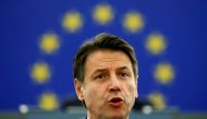 FILE PHOTO: Italy's Prime Minister Giuseppe Conte addresses the European Parliament during a debate on the future of Europe in Strasbourg, France, February 12, 2019. REUTERS/Vincent Kessler