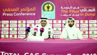 Khalid Mubarak Al Kuwari, Director of Marketing (left) and QFA Head of Media, Ali Al Salat announcing details of the Total CAF Super Cup 2019 during a press conference, yesterday.  Pic: Qassim Rahmatullah/The Peninsula