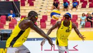 Qatar’s Ahmed Tijan and Cherif Younousse in action during the first round of the main draw of the FIVB Beach Volleyball World Tour Katara Cup 2019 at the Katara Cultural Village Amphitheatre yesterday.
