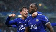 Leicester City's Wes Morgan celebrates scoring their second goal with Ben Chilwell Action Images via Reuters/Craig Brough 