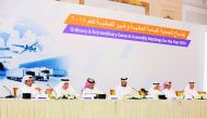 Sheikh Jassim bin Hamad bin Jassim Jaber Al Thani, Chairman of the Board of Directors of Milaha, and other board members at the Company’s Annual General Assembly meeting held at Four Seasons Hotel Doha yesterday.