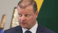 Lithuania PM Saulius Skvernelis speaks during a joint press conference with his Latvian, Israeli and Estonian counterparts following a meeting in Vilnus on August 24, 2018. AFP / Petras Malukas
 