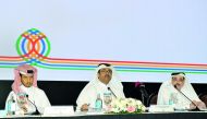 Nakilat Chairman, Dr Mohammed bin Saleh Al Sada (centre), with Vice-Chairman, Ahmad Saif Al Sulaiti (right), and CEO,  Abdullah Al Sulaiti, attending the AGM of Nakilat held at the La Cigale Hotel in Doha yesterday. Pic: Salim Matramkot/The Peninsula
