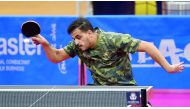Qatar’s Ahmed Khalil Al Mohannadi in action against India’s Sudhanshu Grover during his ITTF World Tour Platinum Qatar Open first qualifying round match at the Ali Bin Hamad Al Attiyah Arena yesterday.