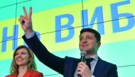 Ukrainian comic actor showman and presidential frontrunner Volodymyr Zelensky (C) delivers a speech after the first exit poll results at his campaign headquarters in Kiev on March 31, 2019.  AFP / Genya SAVILOV