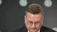 Reinhard Grindel, president of the German Football Association (DFB), addresses a press conference on April 2, 2019 in Frankfurt am Main, western Germany, to announce his resignation. AFP / dpa / Boris Roessler