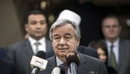 UN Secretary-General Antonio Guterres delivers a speech following a meeting with the Grand Imam of Al-Azhar, the Sunni Muslim world's foremost Islamic institution, in the Egyptian capital Cairo on April 2, 2019. / AFP / Khaled DESOUKI
