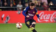 Barcelona's Argentinian forward Lionel Messi scores during the Spanish league football match Villarreal CF against Barcelona at La Ceramica stadium in Vila-real on April 2, 2019. / AFP / JOSE JORDAN
