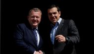 Greek Prime Minister Alexis Tsipras welcomes his Danish counterpart Lars Loekke Rasmussen at the Maximos Mansion in Athens, Greece, April 4, 2019.Reuters/Costas Baltas