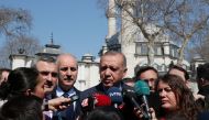 Turkish President Tayyip Erdogan talks to media in Istanbul, Turkey April 5, 2019. Cem Oksuz/Presidential Press Office/Handout via Reuters 