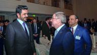 The President of Qatar Olympic Committee, HE Sheikh Joaan bin Hamad Al Thani and the President of International Olympic Committee, Thomas Bach during the opening day of the inaugural Arab-German Sports Summit in Berlin, on Thursday.