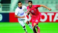 Al Duhail’s defender Sultan Al Brake (right) and Al Ain’s midfielder Caio vie for ball possession during the AFC Champions League Group C match at the Duhail Stadium in Doha, yesterday.