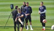 Juventus' Cristiano Ronaldo as coach Massimiliano Allegri and team mates look on during training REUTERS/Massimo Pinca