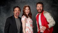 Cast members Mark Ruffalo (L), Karen Gillan and Chris Evans pose for a portrait while promoting the film 