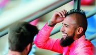 Barcelona's Spanish defender Gerard Pique (L) and Barcelona's Chilean midfielder Arturo Vidal attend a training session at the Joan Gamper Sports Center in Sant Joan Despi on April 15, 2019 on the eve of the Champions League second leg quarter-final footb