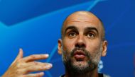 Manchester City manager Pep Guardiola during the press conference. Reuters/Jason Cairnduff