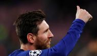 Barcelona's Lionel Messi gestures after the match. Reuters/Albert Gea
