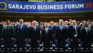 Turkey's Vice President Fuat Oktay (C) and Bakir Izetbegovic (3rd R) Chairman of the House of Peoples of Bosnia and Herzegovina attend the opening ceremony of 10th Sarajevo Business Forum in Sarajevo, Bosnia and Herzegovina on April 17, 2019. (Muhammet Fa