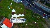 A video grab obtained from drone footage shows the wreckage of a tourist bus that crashed on April 17, 2019 in Canico, on the Portuguese island of Madeira. AFP / STRINGER