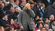 Manchester City's Spanish manager Pep Guardiola reacts during the UEFA Champions League quarter final second leg football match between Manchester City and Tottenham Hotspur at the Etihad Stadium in Manchester, north west England on April 17, 2019.  AFP /