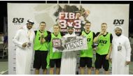Champion Riga Ghetto team members pose for a photograph with Qatari officials after the Latvians won their maiden Masters title, defeating the Serbian world No.1 Liman 15-14 in a tense final of the FIBA 3x3 World Tour Doha Masters at the Katara Amphitheat