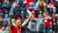 Bayern Munich's Franck Ribery celebrates scoring their third goal REUTERS/Michael Dalder 