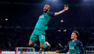 Tottenham's Lucas Moura celebrates scoring their third goal to complete his hat-trick with Dele Alli.  (Action Images via Reuters/Matthew Childs)