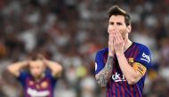  Barcelona's Argentinian forward Lionel Messi gestures after shooting a free kick during the 2019 Spanish Copa del Rey (King's Cup) final football match between Barcelona and Valencia on May 25, 2019 at the Benito Villamarin stadium in Sevilla. / AFP / JO